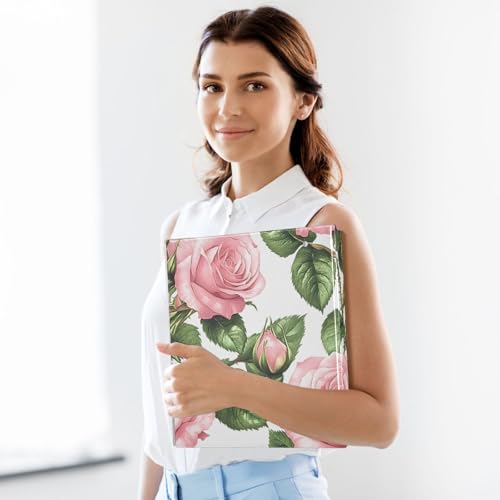Image of 3 Ring Binder Pink Rose Floral Green Leaves 1.5 inch Binders Three Ring Binders with Clipboard Fit 8.5'' x 11'' Paper 3 Interior PVC Clear Pockets for Office Supplies