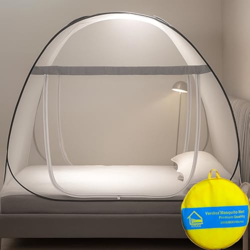 Image of VERDIOZ WITH DEVICE Double Bed Mosquito Net Machardani, King Size Mosquito Net Adult | Kids | Baby | Corrosion Free Steel Wire, 30 GSM Bright White Net with Saviour Kit -(White Zipper, Grey Border)