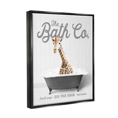 Image of Giraffe Bubble Bath Bathroom Humor, 16 x 20 Inch Canvas in Floater Frame | Stupell Industries . By Lettered and Lined . Ready to hang once unboxed . Fun gift for bathroom decor . Made in USA