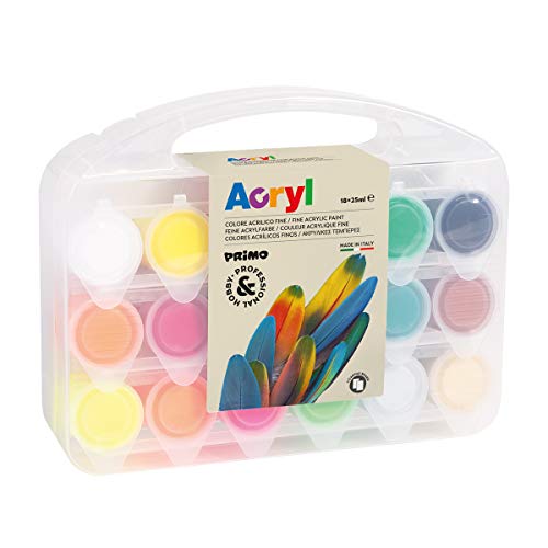 Morocolor PRIMO, jeu de couleurs acryliques en pots 18 peintures acryliques à peindre (12 normales, 4 fluorescentes, or, argent) 25ml + 2 cartes en toile couleurs acryliques permanentes Made in Italy