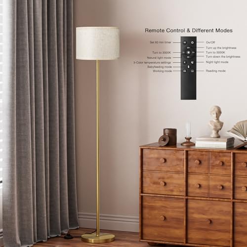 Image of Ambimall 60'' Modern Floor Lamp with Remote, Tall Lamps for Living Room, Bedroom, Office, Dining Room, Beige Shade with Gold Pole(Included Bulb)