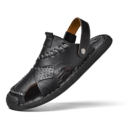 Qiucdzi Mens Leather Sandals, Closed-Toe Hiking Sandals Slip-on Summer Sandals Adjustable Athletic Beach Sandals Handmade Fisherman Shoes for Outdoor