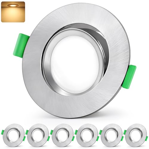 GeyouLux LED Einbaustrahler 230V IP44, 5W 600LM Deckenspots, 45° Schwenkbar Einbauleuchten 68-80mm, 2700K Warmweiß Ultra Flach Einbauspots für Badezimmer Küche Rund Nickel LED Spots 6er Set