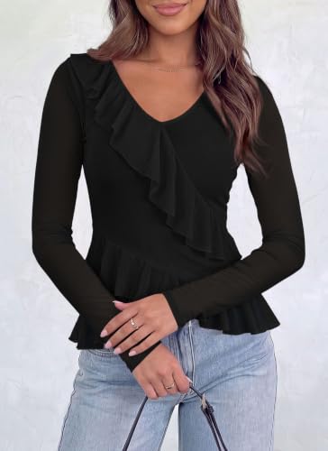 Okiwam Long Sleeve Shirts for Women Ruffle V Neck Y2K Mesh Top,Black,M - image 6