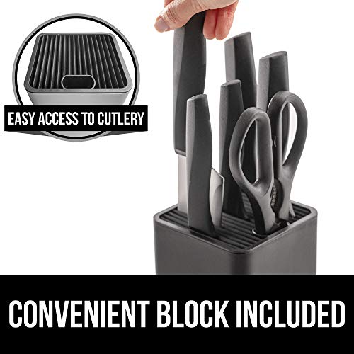Gorilla Grip Original Premium Knife Block 7 Piece Set, Stainless Steel Blades, Includes Durable Kitchen Knives, Scissors and Stylish Block, Cutlery for Home Chef and Professional Cutting Needs, Black