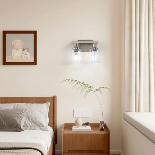 Image of Bathroom Vanity Light, 2-Light Nickel Modern Matte Wall Sconce Lighting with Clear Glass Shade, Wall Lights,Bath Vintage Wall Mounted Lamps for Mirror Bedroom Living Room