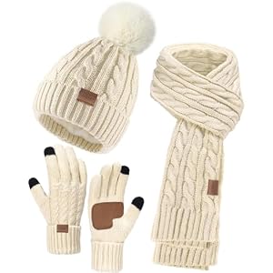 Remifa Winter Beanie Hat Scarf Gloves Set for Women 3 PCS Pom Pom Hat Touchscreen Glove Long Neck Kint Scarf Christmas Gift