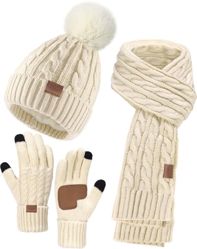 Remifa Winter Hat Scarf Gloves Set for Women, 3 PCS Pom Pom Beanie Hat Touchscreen Glove Long Neck Kint Scarf Christmas Gifts