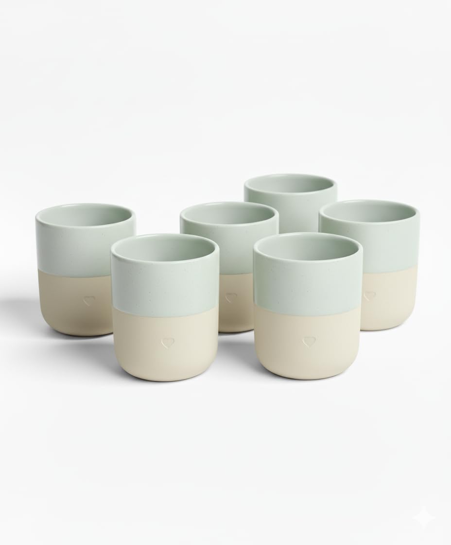 Keramik & Steingut Tassen Set mit Herz Motiv/Gravur | 400ml | in Creme/Beige Weißer Optik | Steinzeug Kaffee, Cappuccino, Latte Macchiato Becher | 2er-, 4er-, 6er-, 8er-, 10er- & 12er Set (6er Set)