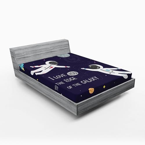 Ambesonne Universe 2 Pack Fitted Sheet, Love Wording Astronauts, Bed Cover All-Round Elastic Deep Pockets 2 Pieces, Package Contains 2 Full Size Fitted Sheets, Dark Purple Multicolor