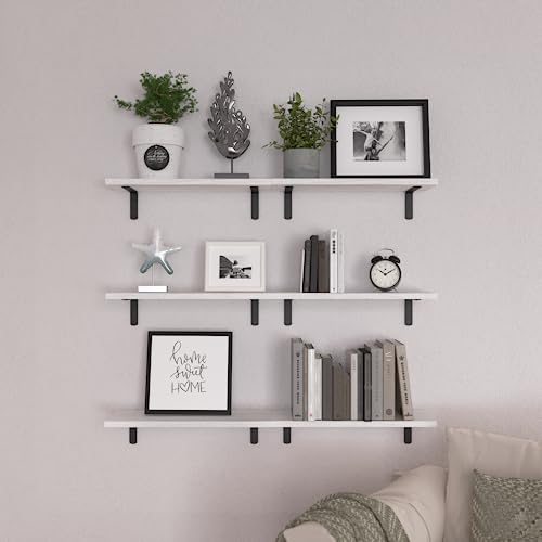 Image of WOPITUES Floating Shelves Set of 6 for Wall Decor & Storage, White | Wood Farmhouse Book Shelves for Bedroom, Bathroom, Living Room, Kitchen, Office, Laundry Room, Study Room Display, 16.5''