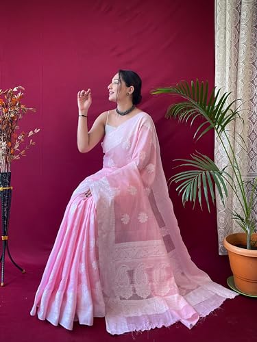 Image of SGF11 Women's Soft Cotton Linen Silk Saree With Blouse Piece