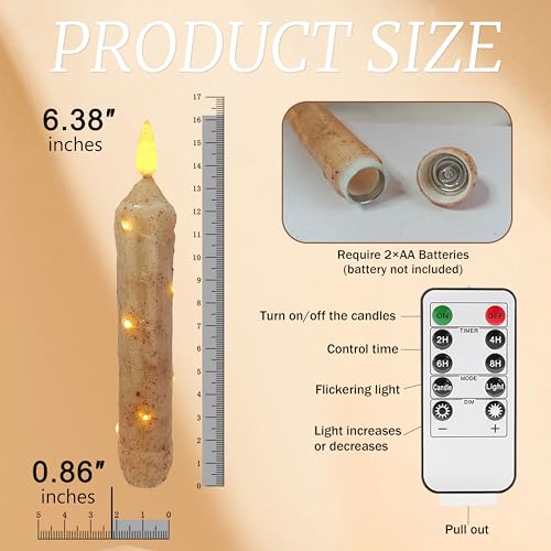Image of 6.5 Inches Primitive Real Wax LED Flameless Khaki Short Candlesticks Hand Dipped Battery Operated Taper Candles with Timer Remote Candles for Vintage Rustic Home Decor, Pack of 4(Khaki)
