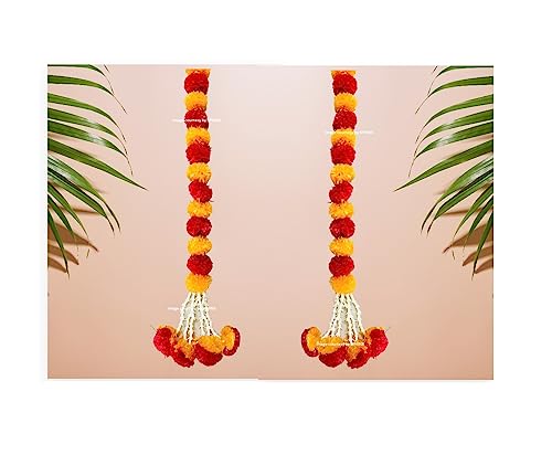 SPHINX Artificial Marigold Fluffy Flowers and Tuberose (rajnigandha) Clustered Garlands for Festive Pooja Wedding Housewarming Decorations- (Approx 2.5 ft- 2 Pieces, Light Orange & Red)