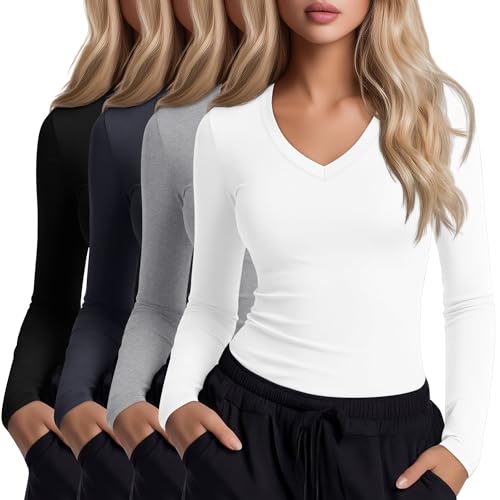 Xaatren 4 Pack Women's Under Scrubs Long Sleeve V Neck