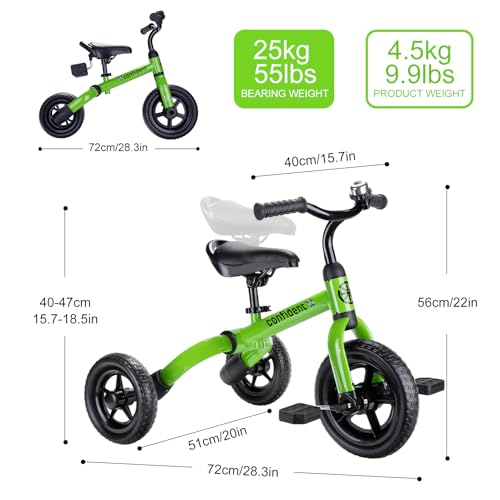 Ancaixin 3 in 1 Toddler Tricycles for 2-5 Years Old Boys and Girls with Adjustable Seat Detachable Pedal and Bell, Foldable Baby Balance Bike Riding Toys for Kids, Child Birthday Gift Green