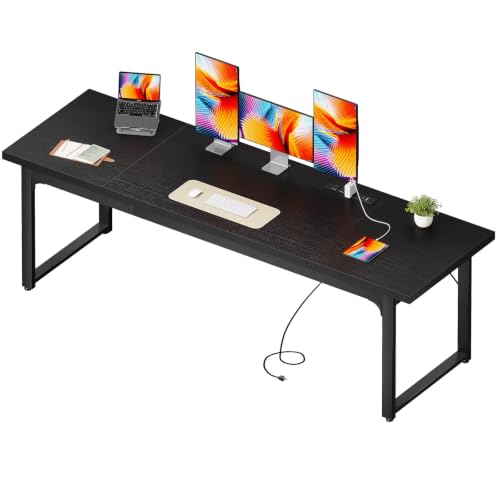 Image of Coleshome 79 Inch Long Computer Desk with Power Outlet, Thicker Desktop & Legs, Large Heavy Duty Office Desk for Home Office & Gaming, Black