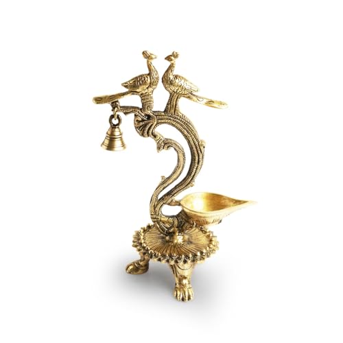Image of ExclusiveLane 'Peacock Pair' Brass Oil Diya for Pooja Room With Gem Work (100% Pure Brass, 1 Wick, 20 ml, 1.3 Kg)|Brass Diyas for Pooja Diyas for House Warming Table Diya Diwali Return Gifts for Pooja