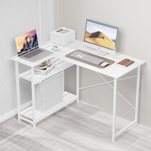 L字デスク パソコン デスク 幅110×奥行48×高さ75cm 左右入替え可能 l字型 コーナー ゲーミング 収納ラック付き 棚板高さ調節可 テレワーク 在宅勤務 学習机 省スペース ワークスペース ラック付き 作業机 シンプル オフィス (ホワイト) [