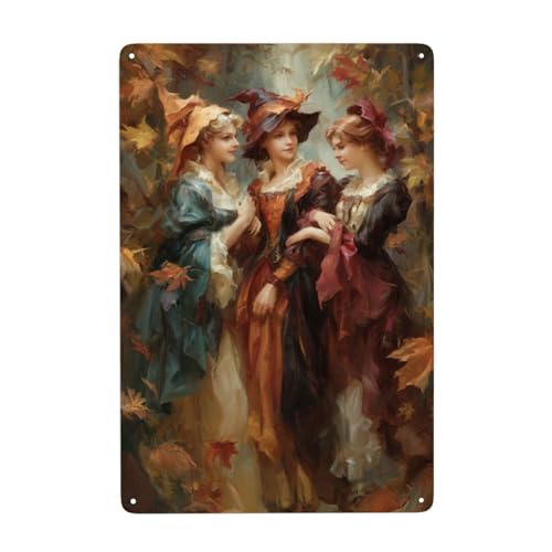 Letreros de metal con diseño de tres brujas en el bosque, hojas otoñales, decoración de pared para baño, inodoro, baño, granja, patio, 20 x 30 cm