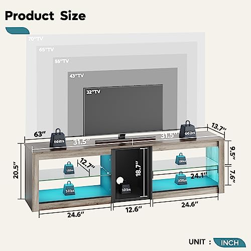 Bestier Tv Stand For 70 Inch Tv, Gaming Entertainment Center For Ps5, Led Tv Cabinet With Glass Shelves For Living Room, 63'' Inch, Grey Wash #TOP5