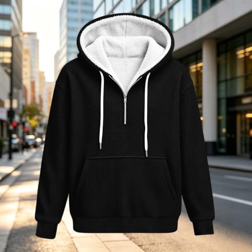 Mens Quarter Zip Hoodie Sherpa Lined Waffle Knit Pullover with Pocket - image 6