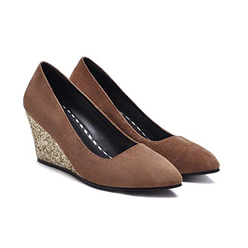 MIOKE Women's Pointed Toe Wedge High Heel Pumps Suede Sequins Slip On Comfort Chunky Dress Wedding Shoes2