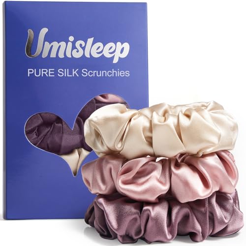 Umisleep 3er Set 100% Mulberry Seiden Scrunchies für Damen Sanfte Haargummis für weniger Frizz & Haarbruch Elastische Haargummis ohne Abdrücke (Rosa+Champagner+Pflaumenlila)