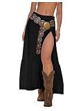 SHENHE Women's Boho Western Low Rise Maxi Skirt Ruffle High Slit Country Cowgirl Skirts Black Medium