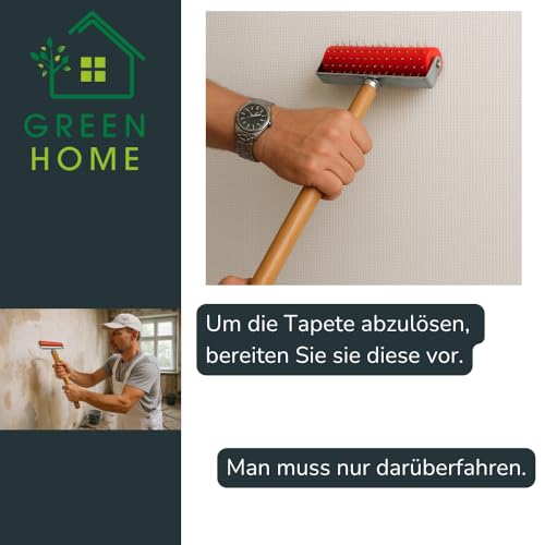 Green Home Tapetenigel Stachelwalze 150×500 mm | Nagelroller zum Tapeten Entfernen inkl. Tapetenschaber & 10 Ersatzklingen | Stachelroller Perforierwalze Renovierung Werkzeug