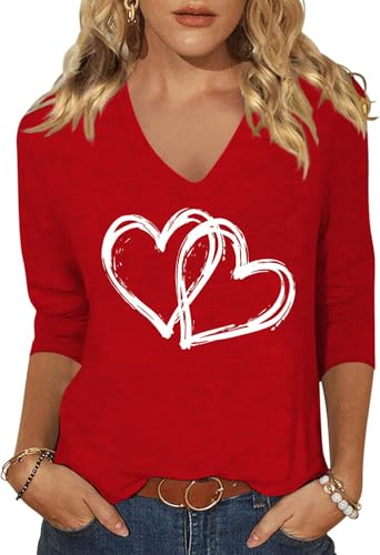 Image of Woffccrd Womens 3 /4 Sleeve V Neck T-Shirts Valentina's Day Spring Shirts Love Heart Printed Graphic Tees