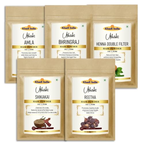 Image of Khadi Herbal Hair Powder Mix with Amla, Bhringraj, Henna, Shikakai & Reetha for Strong, Thick & Shiny Hair | Ayurvedic Hair Care Powder - 500GM (Pack of 5)