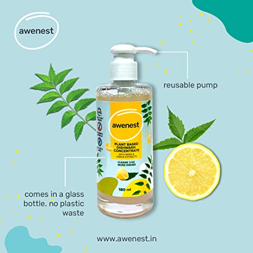 awenest 100% Plant Based Dishwash Concentrate | 180 ml = 450 ml of regular dishwash | 2.5X Concentrated | Neem and Lemon | 0% Harmful Chemicals |... - Image 3