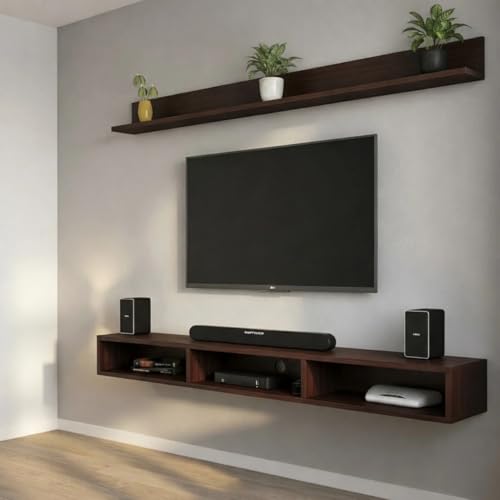 Image of DAS Russell Wall Mounted TV Unit with LED Lights & Storage Shelf | Modern Floating Entertainment Unit for Living Room | Wooden Finish Media Console for Set Top Box, Wenge up to 55 inch Screen