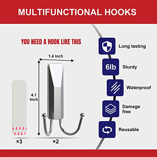 Richer House Silver Double Wall Hooks For Hanging, 2 Pack Removable Adhesive Wall Hooks With 3 Strips, Organize Damage-Free Sticky Hooks, Plastic Utility Hooks Heavy Duty For Coat, Towel, Hat, Key #TOP1