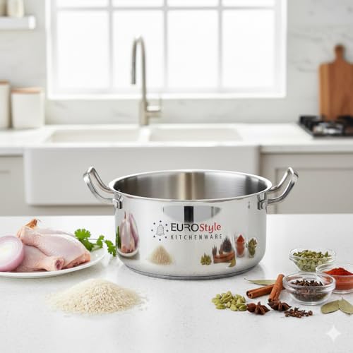 Image of EUROStyle 22CM Professional Stainless Steel Triply Biryani Pot with Lid, Heavy Duty, Deep Cooking Vessel, ISI Mark Certified, Ideal for Biryani, Curries & Dum Cooking - 3.5L (Ideal for 3 Persons)