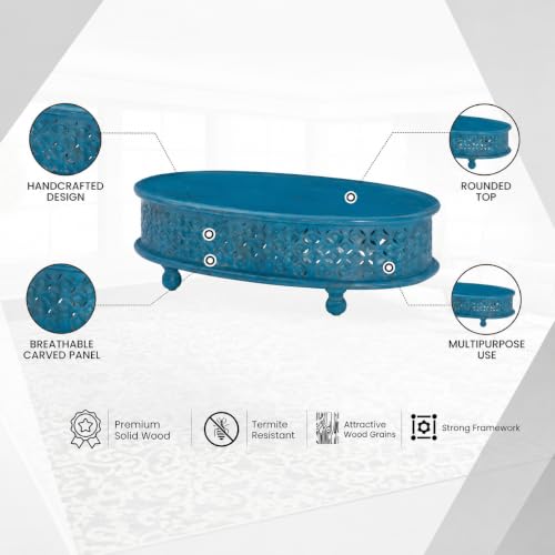Image of Wooden Coffee Table for Living Room | Kara Solid Wood Handcrafted Center Table for Living Room | Oval Tea Table for Living Room | Wooden Furniture for Home (Blue Antique)