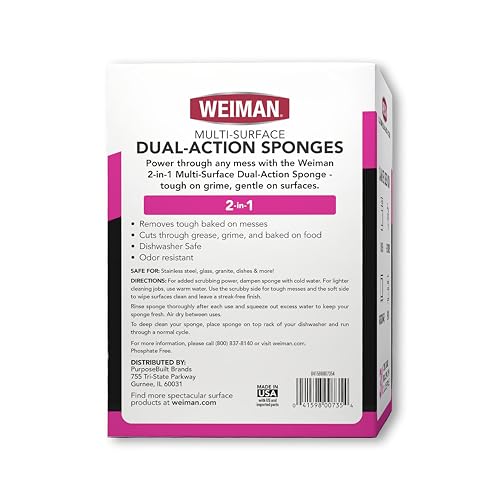 Weiman Multi-Surface Dual Action Sponges, Non-Scratch Scrub & Shine for Dishes, Cooktops, Stainless Steel, Glass, Granite, & More - Durable Kitchen Cleaning Sponges, 4 Sponges - image 9