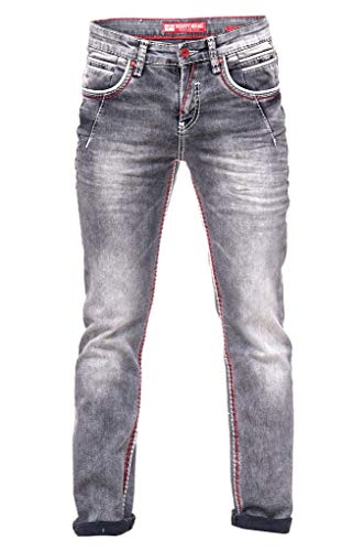 Rusty Neal Jeanshose Herren Dicke Naht Weiße Ziernaht Grau Jeans Regular Fit Stretch -45, Hosengröße:38/32