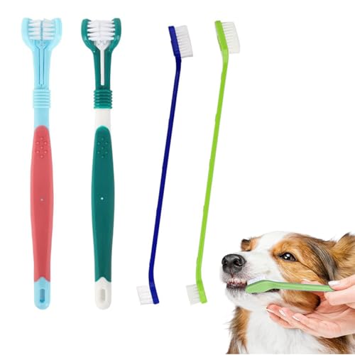 4 spazzolini da denti per cani, spazzolino da denti per cani, 2 spazzolini da denti a tripla testa e 2 manici lunghi, spazzolino da denti per cani di taglia piccola, media e grande