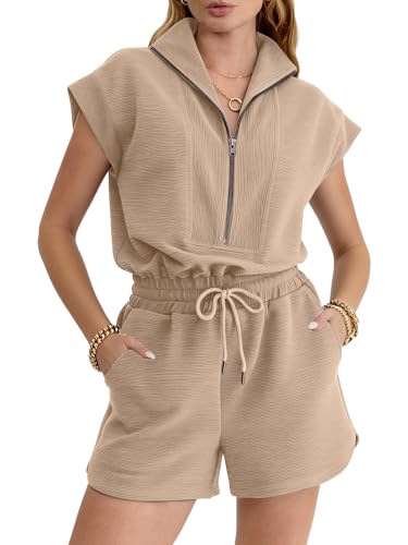 Image of Rompers for Women Summer Short Sleeve Half Zip Lapel Collar Jumpsuit Casual Drawstring One Piece Outfits with Pockets