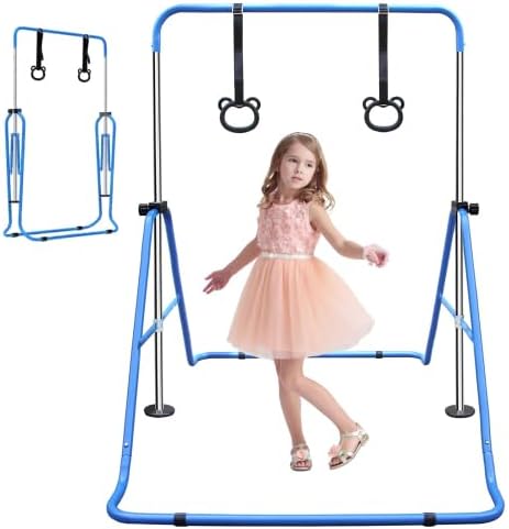 Expandable Gymnastics Bar for Kids, Height Adjustable Junior Training Bar with Rings, Folding Gymnastic Horizontal Bars Equipment for Home