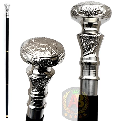 Brass Walking Stick Wood & Metal Mens Walking Canes Black Shaft Wooden with Silver Brass 2 Tyre Design Handle Head