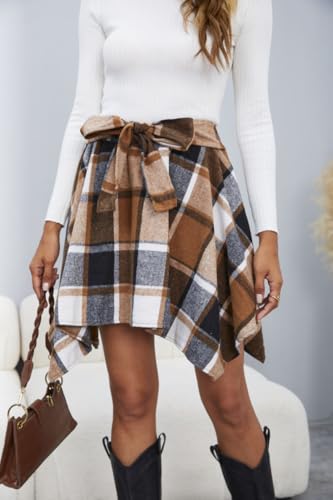 MakeMeChic Women's Plaid Skirt Bow Tie Front Elastic High Waisted Asymmetrical Fall Mini Skirts4