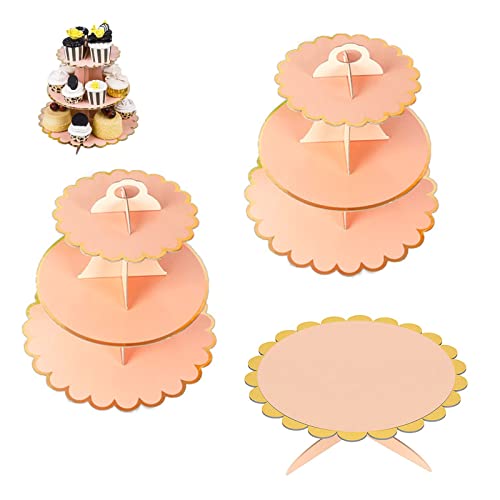 Soporte de Magdalenas de Cartón Rosado de 3 Niveles Postre Soporte para Cupcakes Redondo para Cumpleaños Fiesta Baby Showers(3 PCS) Cover