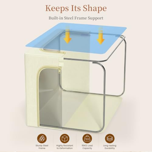 Image of GoMaihe Clothes Storage Bins with Metal Frame, 40L Sweater Storage Boxes for Above Shelf Closet, 4 Pack Stackable Clothing Storage Organizer with Clear Window for Jeans Hoodies T-shirt - Beige