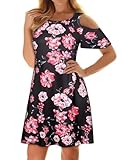 Misyula Style Women Summer Cold Shoulder Floral Flowy T-Shirt Dress with Pockets (XX-Large, Black Red)