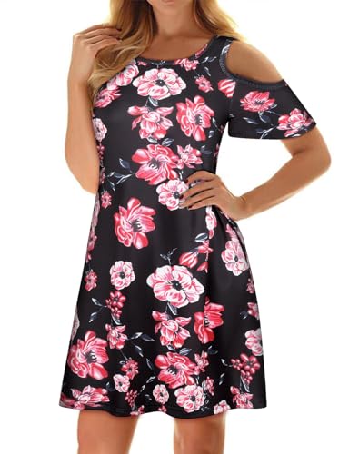 Image of Misyula Style Womens Summer Cold Shoulder Floral Flowy T-Shirt Dress with Pockets