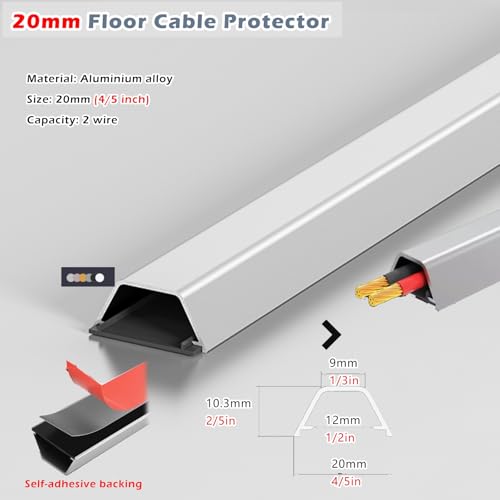 Canaletas para cables de aleación de aluminio plateadas con adhesivo, 3,5 pies / 1,06 m, ancho 20 mm, para 1 cable, evita tropiezos y protege cables miniatura 3