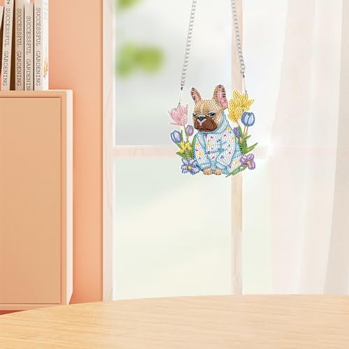 Image of AiYuanzsh Animal Dog Diamond Art Painting Kits Hanging Pendant, Flower Diamond Art Hanging Sign DIY Special Shaped Crystal Ornaments for Home Decor Gift